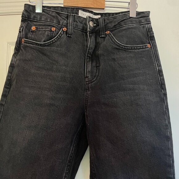Topshop Straight Leg Jeans Women’s Size 26 x 32 Black Distressed Hem - Picture 2 of 4